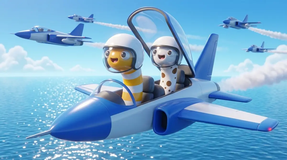 海の上を飛ぶ機体に乗ったちんあなごのイメージ（ブルーインパルス 福島の配信アーカイブ）