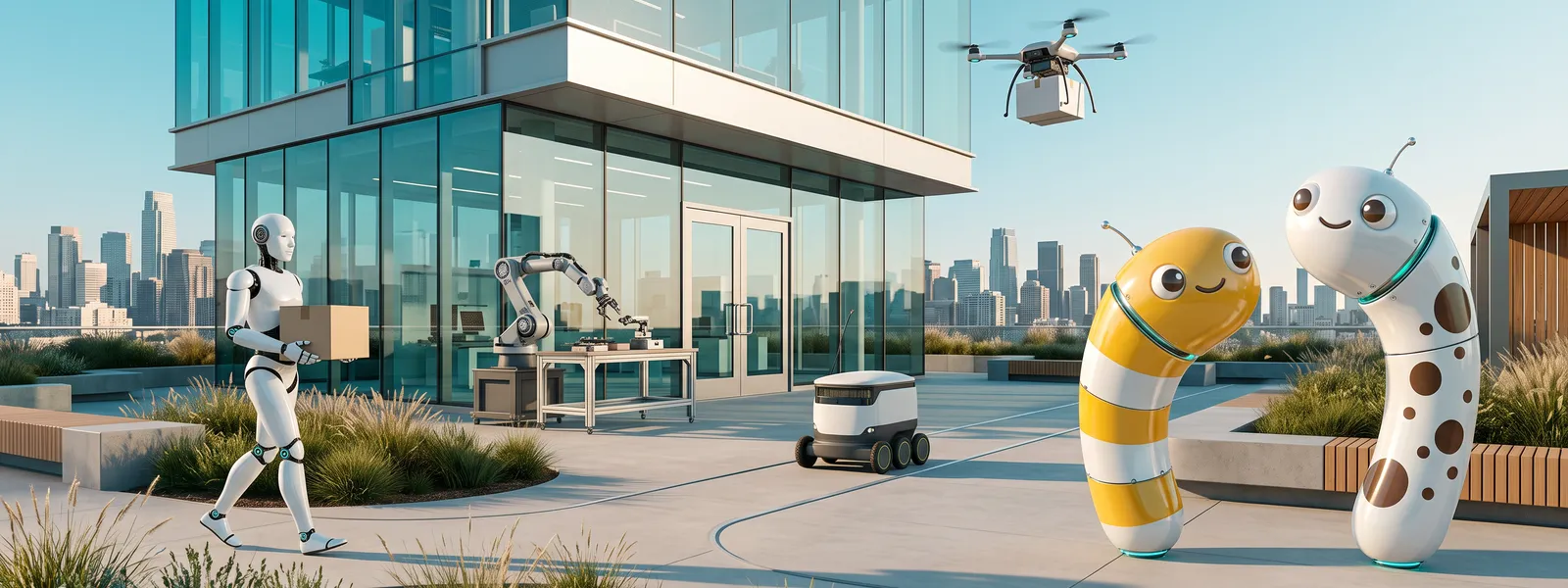 ロボットのちんあなご2匹が街角でロボットたちを見守るイメージ